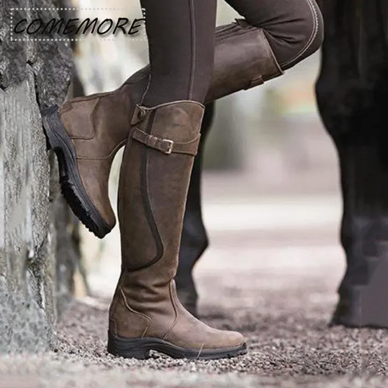 Women Boots PU Leather Zipper Retro Casual Womans Designer Booties Gladiator Low Heel Shoes Ladies Fashion Long Botas Mujer 2022