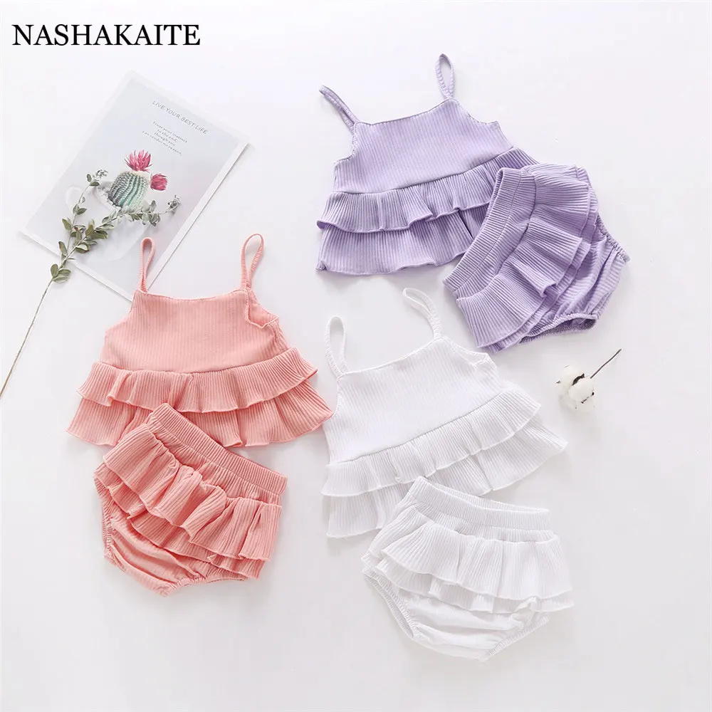 

Summer Baby girl Clothes Set For Newborn Jumpsuit Solid Color Pit Strip Baby Rompers Cotton Overalls For Toddler Clothing 2 Pcs