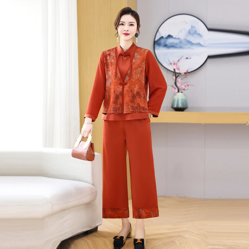 Mother's Spring National Style suit Women's 2024New Top+Wide Leg Pants suit Female Middle-aged Elderly Fashion Two-piece Set 5XL