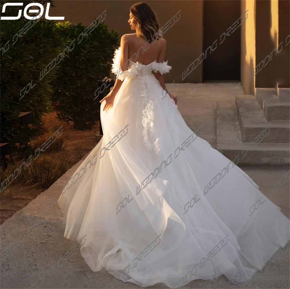 Vestidos de casamento feminino tule, vestidos de noiva sem costas, fora do ombro, simples, elegante, linha A, querida