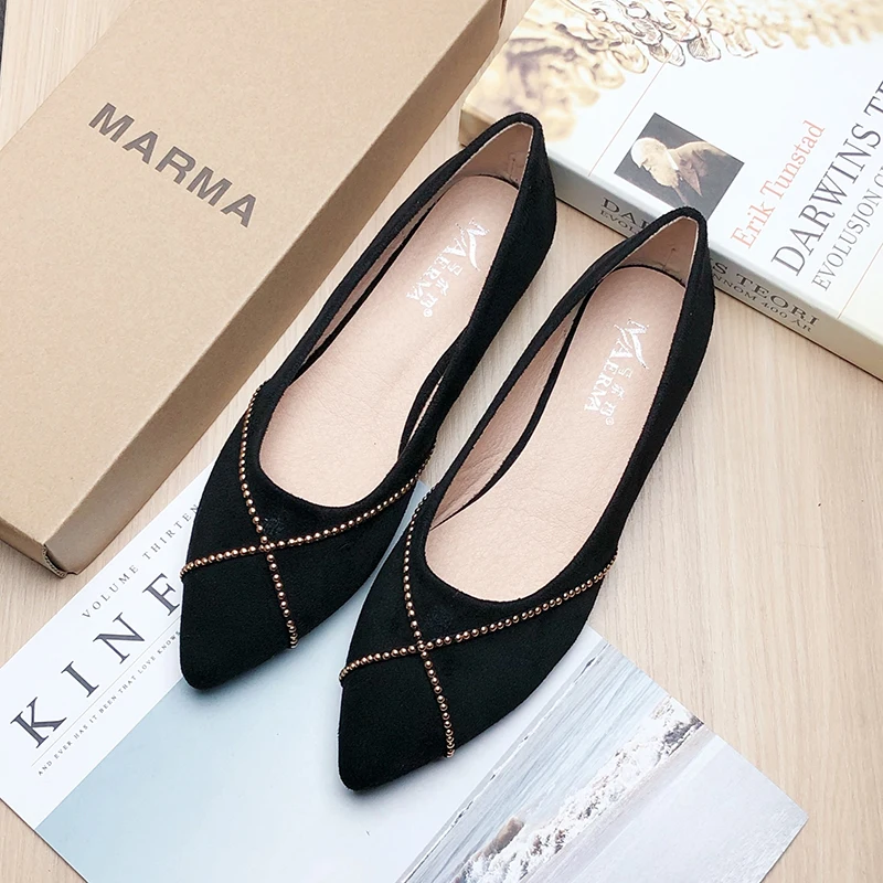 

Black Flats for Women Dressy Comfort OL Working Shoes Flat Heel Pointed Toe Velvet Flock Leather Simple Basic All Match Flats