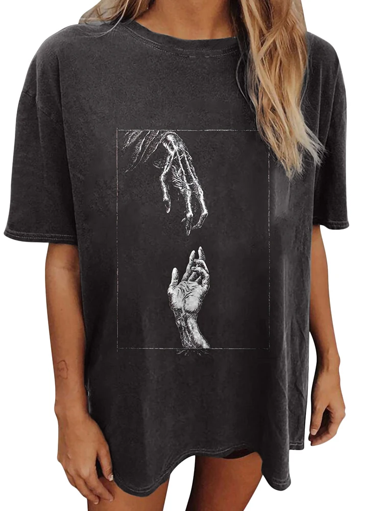 Seeyoushy Dark Gothic Style Skull Skeleton Hand Print Drop Shoulder Women T Shirt Summer Vintage Graphic T Shirts Top Clothes