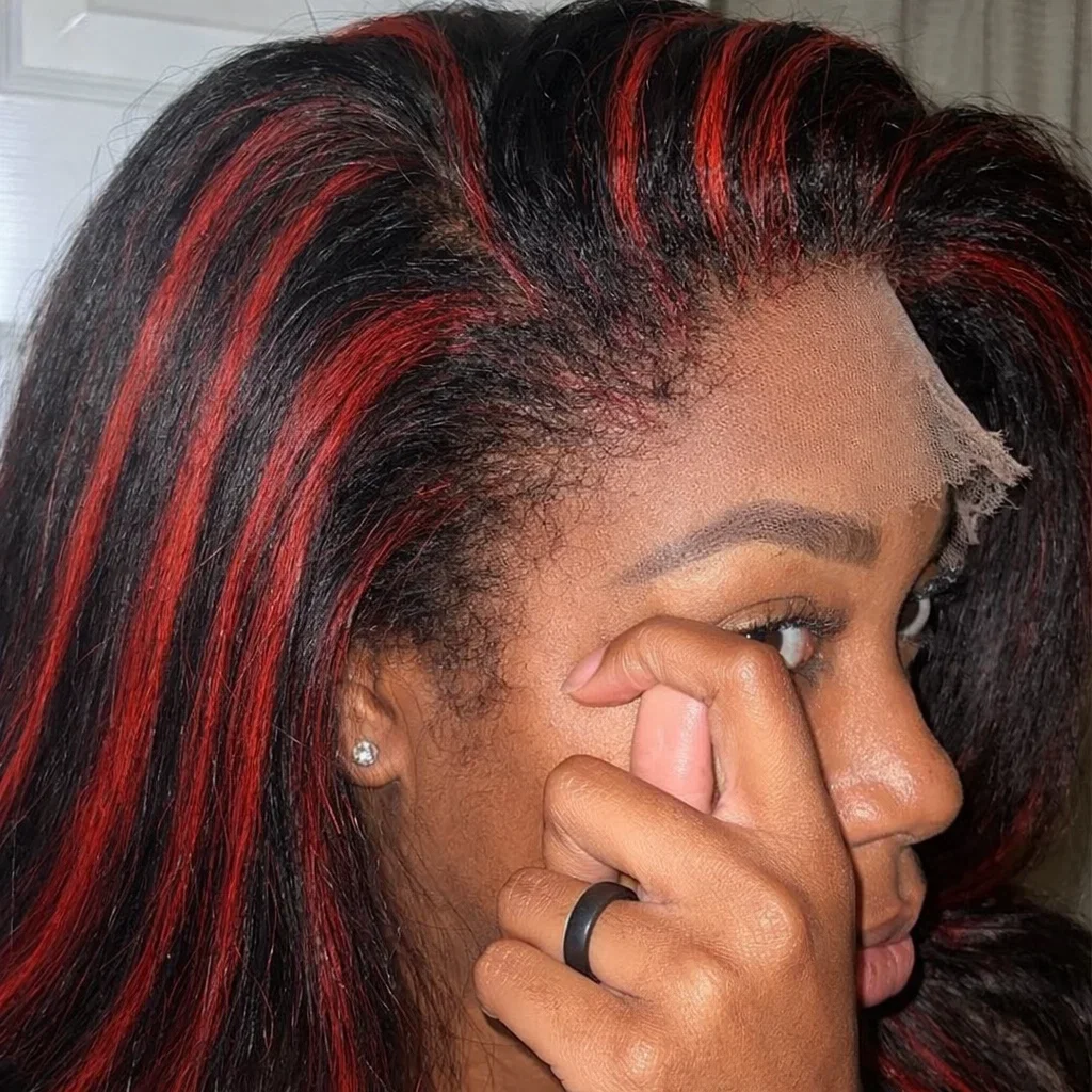 

Upgraded 1B/99J Black With Red Kinky Straight 13X4 Highlight Lace Wig Human Hair Burgundy Colored Glueless Pre Cut 5x5 Lace Wig