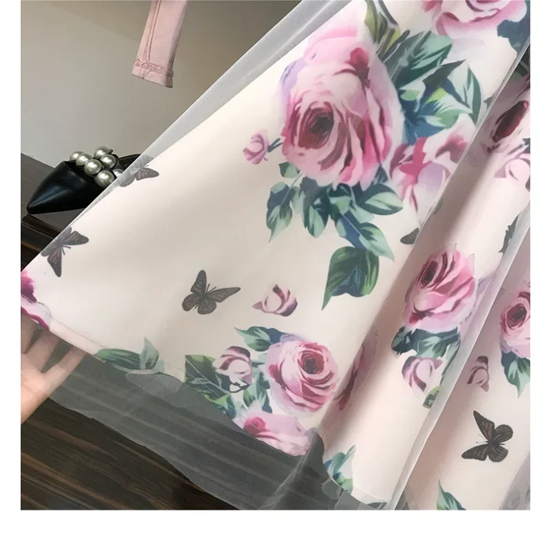 Cute Fresh Chiffon Skirt Short Sleeve Bowknot Tops Floral Mid-length High Waist Slim Two-piece Suit Shirt Skirt Elegant 16673