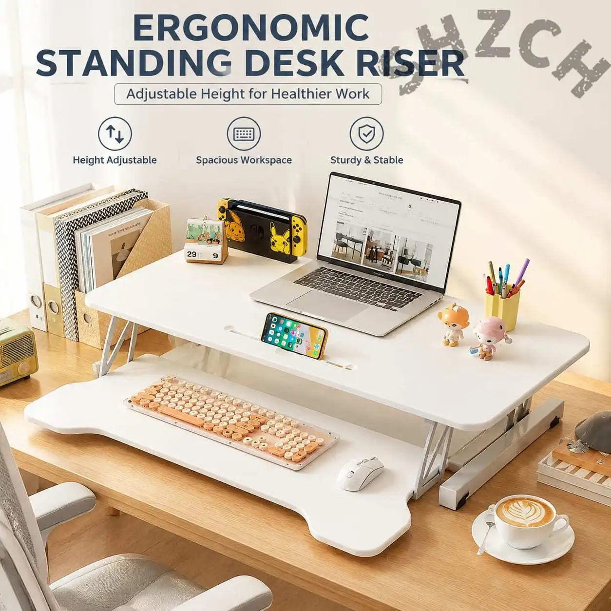Height-Adjustable Dual-Surface Standing Desk Riser – Foldable, 30 kg Capacity, Space-Saving Office Workstation