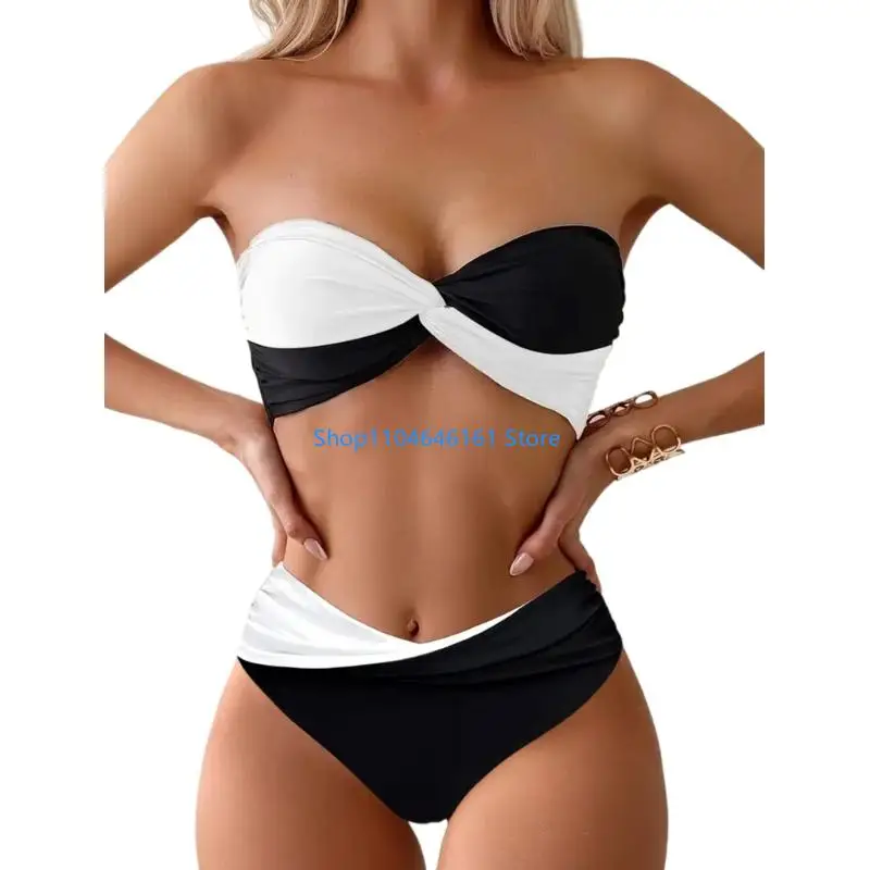 Women Bandeau Swimsuit Female Backless Bathing Suit Two Pcs Split Swimwear Ladies Contrast Color Swimming Costume Set