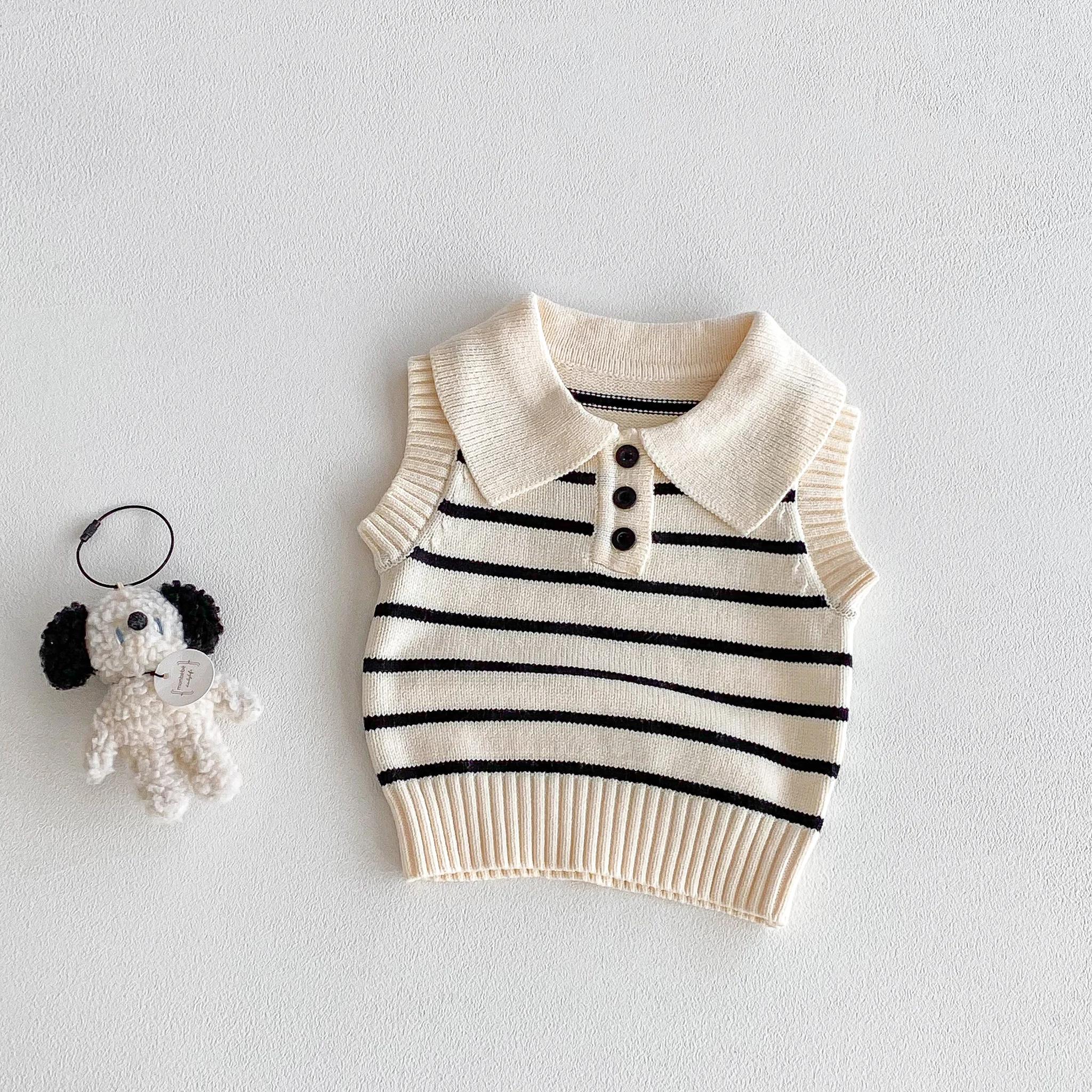 Knitted vest 2026 summer new style baby striped lapel sleeveless T-shirt for boys and girls summer fashion wear