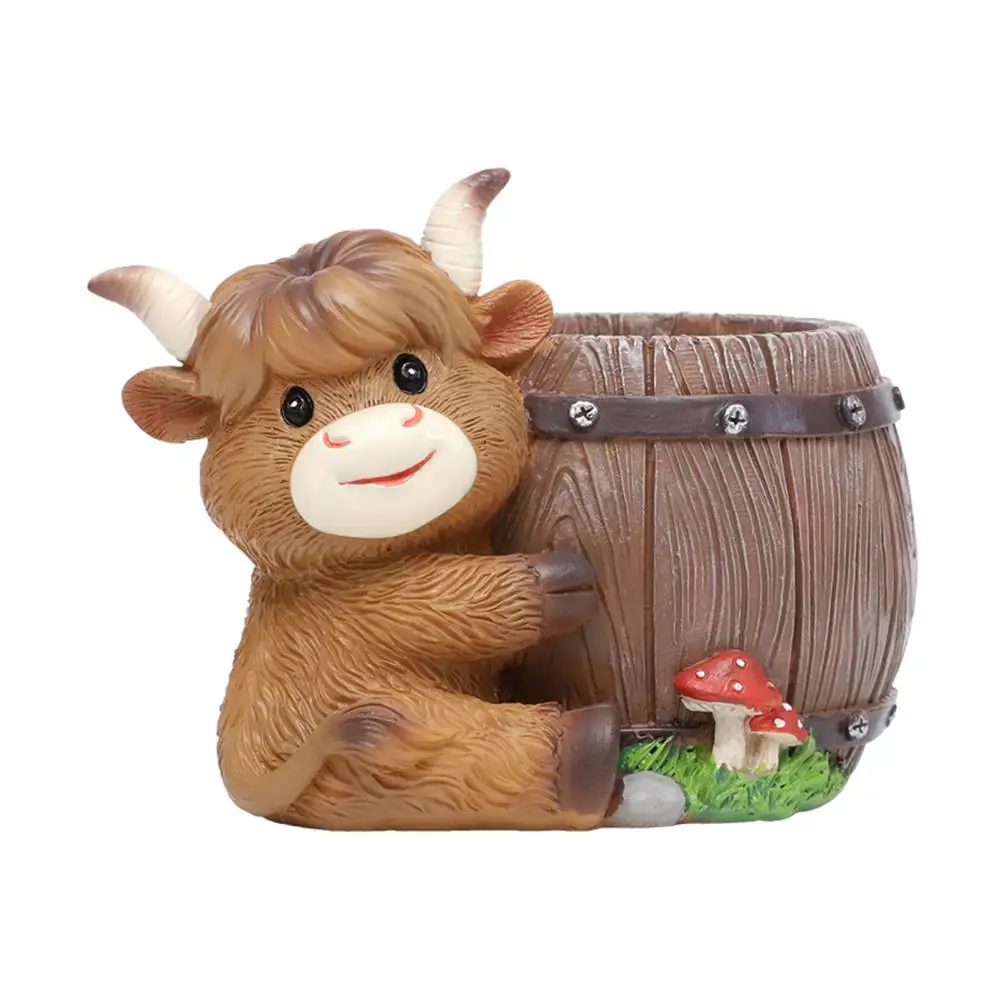 Cute Highland Cow Resin Planter Pot with Drainage Hole Small Scottish Flower Pot for Boho Home Desk Patio Decor