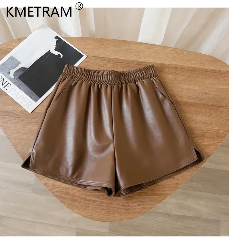 New 2024 Real Leather Shorts for Women Wide Leg Short Women Genuine Sheepskin Leather Pants High Waist Black Shorts Ropa Mujer