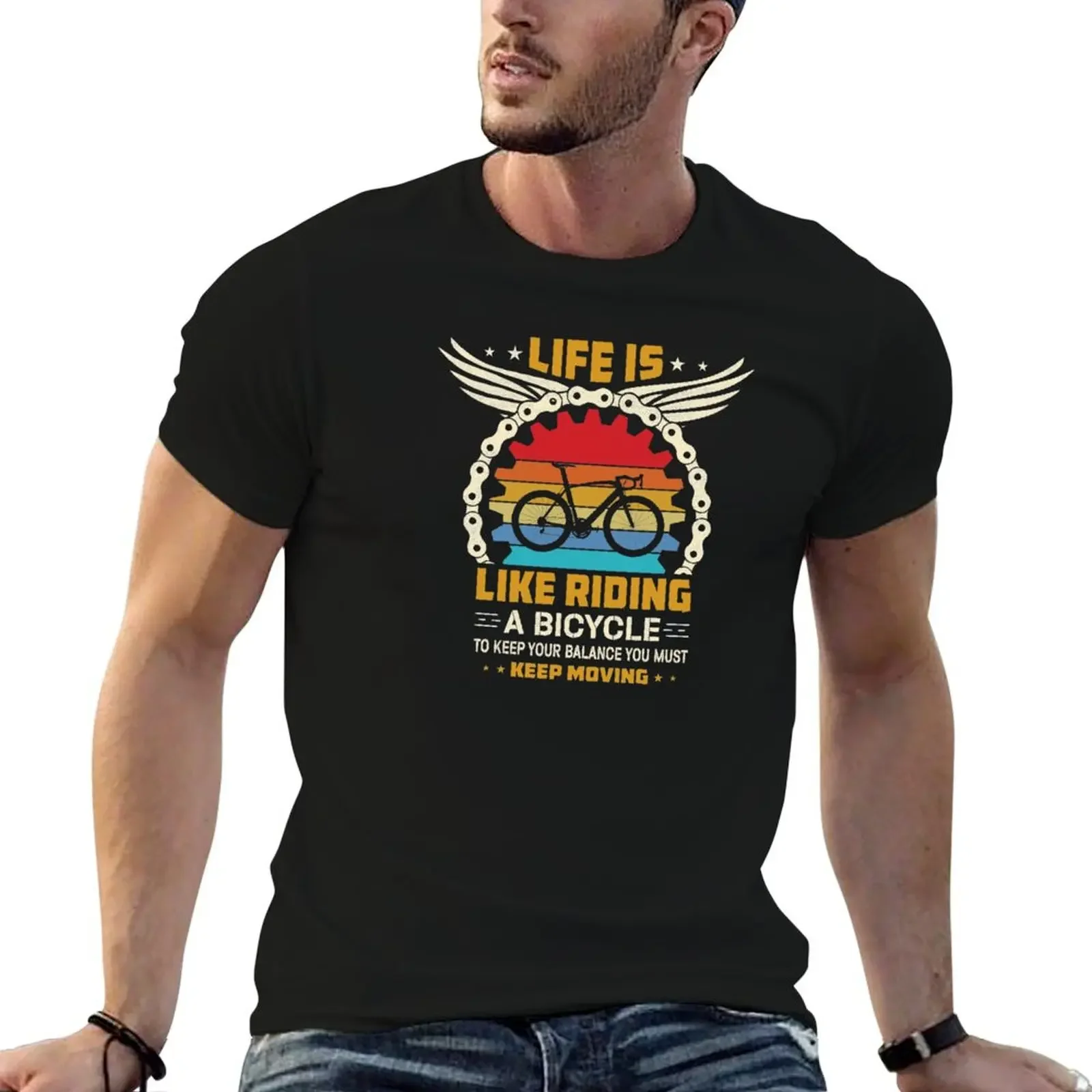 

Life is like riding a bicycle to keep your balance you must moving T-Shirt plus sizes korean fashion T-shirts for men cotton