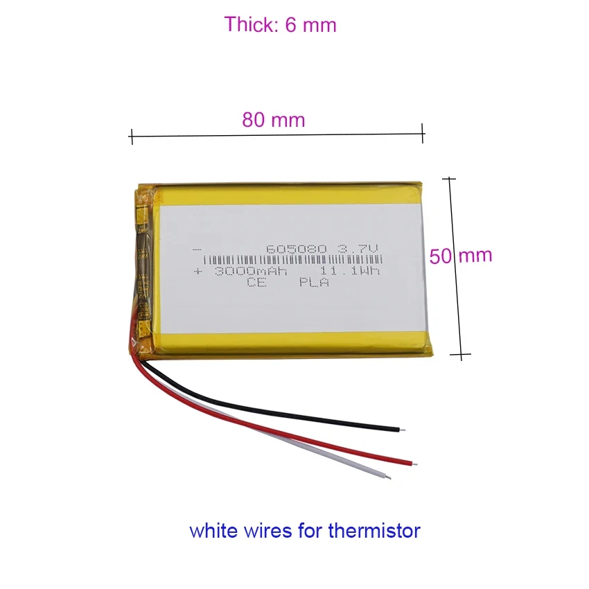 3.7V 3000mAh 11.1Wh NTC 3-Wires Thermistor Li Lithium Battery 605080 Lipo For GSP DashCam Car Camera Bluetooth Speaker e-book