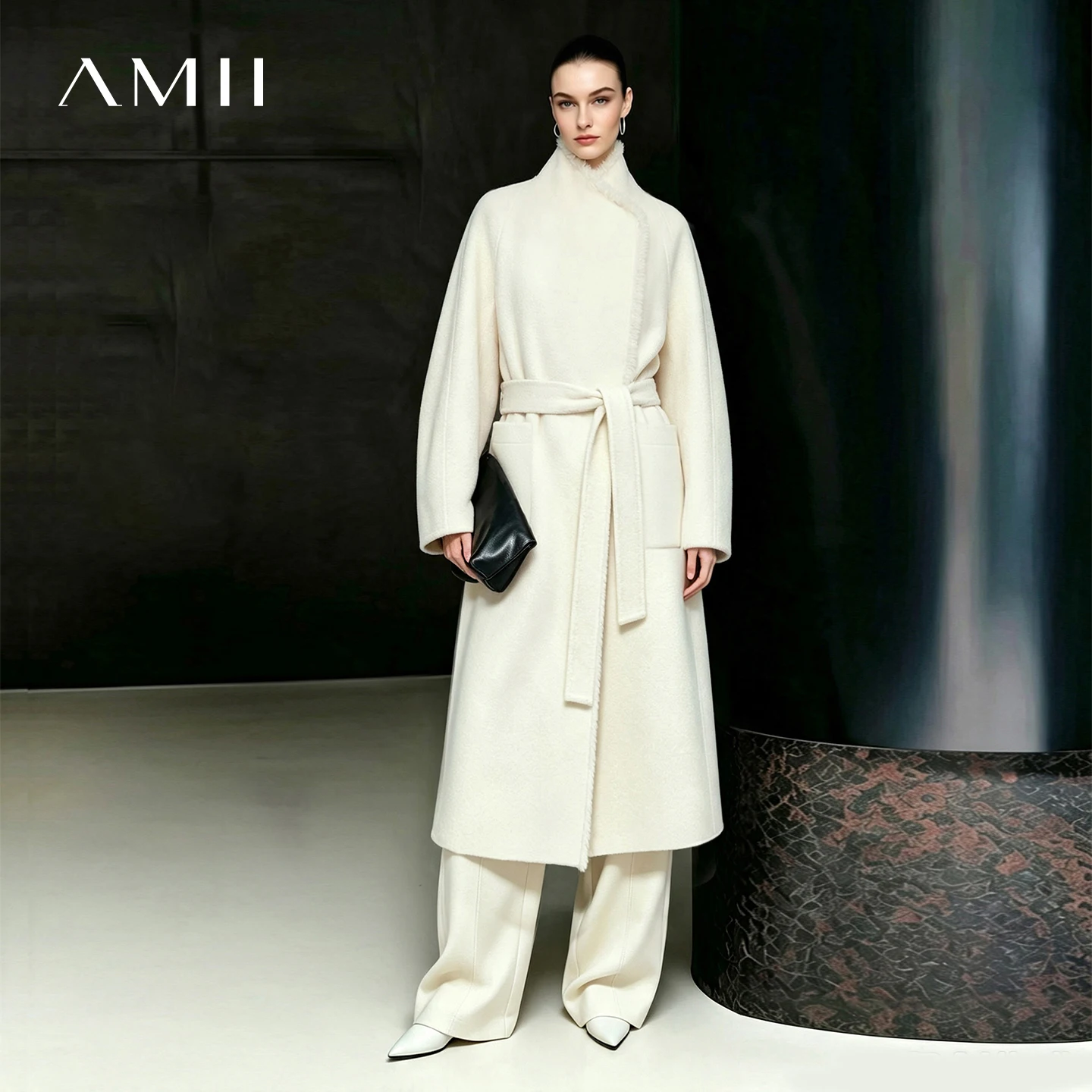 Amii Women's Yak Wool Double-Faced Coat Mock Neck Belted Raw Hem Commuter Minimalist Warm Slimming Winter Coat Female 12654030