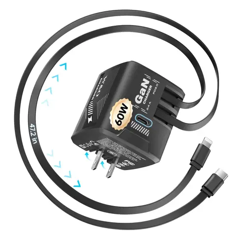 W & O 60W GAN Fast Charger for iPhone, Retractable Phone Charger Wall Plug with Type‑C & Compatible Lightning Cables, for iPhone 17/16/15, Galaxy S25/24, Android Devices