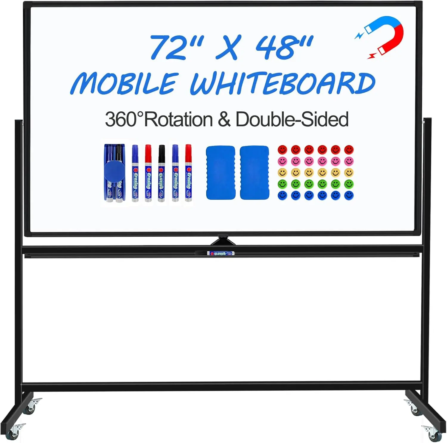 

Большая магнитная доска для записей 72x48 дюймов на колесиках, двусторонняя, с подставкой на колесах, включает маркеры и магниты