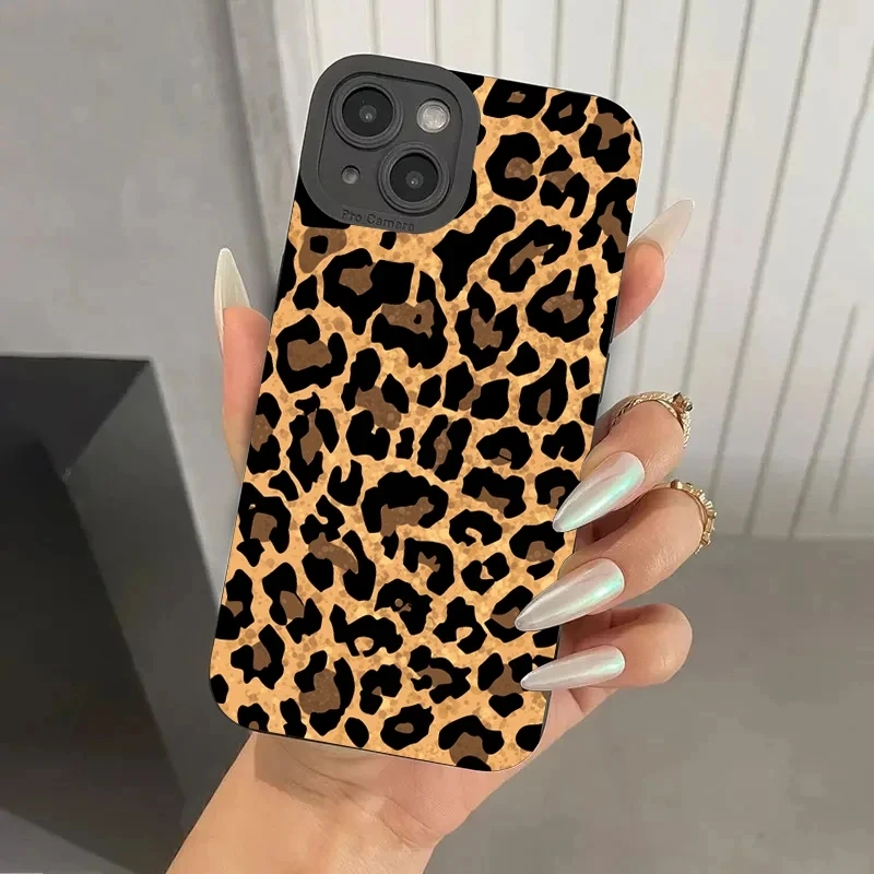 INS Brown Leopard Print Phone Case for IPhone 15 12 13 14 11 Pro Max MiNi 7 8 Plus X XS XR SE Soft Shockproof Bumper Cover Funda