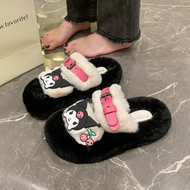 Sanrio Kulomi cute sweet warm home women's shoes cartoon contrasting color plush thick-soled open-toed cotton slippers