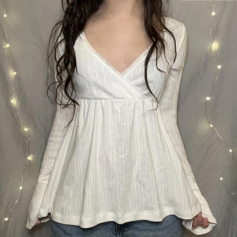 

Women Fairy Y2k Cottage T-shirt Coquette V Neck Long Sleeve Babydoll Tees Autumn Spring Casual Pullovers Tops Vintage Clothes