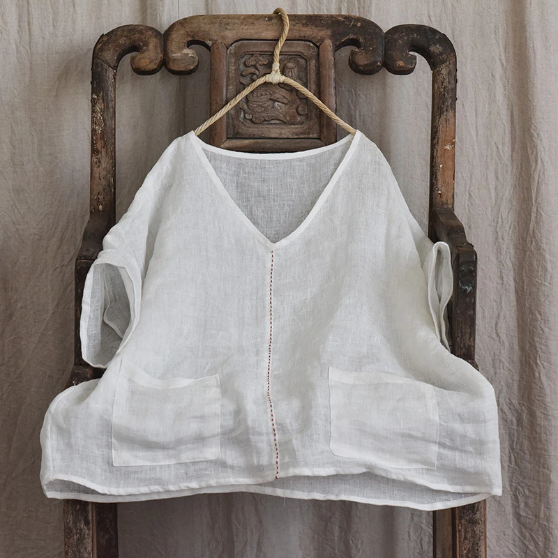 100% 린넨 여성 캐주얼 티셔츠 신상 2025 여름 빈티지 스타일 V넥 단색 루즈핏 여성 반팔 티셔츠 T504