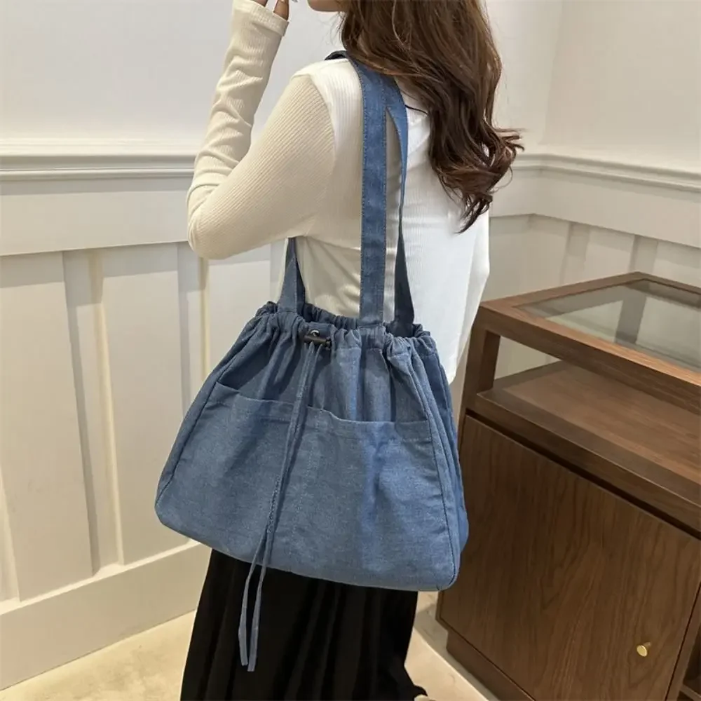 Simple Large Capacity Oxford Drawstring Shoulder Bag Casual All-match Denim Tote Bag Cowboy Leisure Canvas Bucket Bag Streetwear