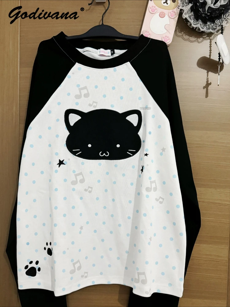 Original Cute Cat Printed Polka Dot Panda Maid Black and White Long Sleeve T-shirt Subculture Cat Paw Embroidery Cotton Tee Tops