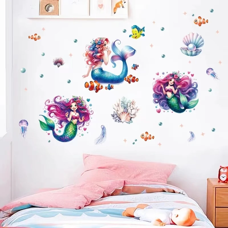 Smiling cartoon mermaid princess wall sticker, domineering ocean daughter sticker, girl's room home decoration mural