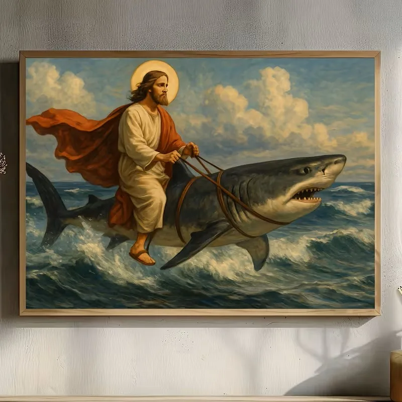 Lustiges Jesus auf Hai Reitend Poster Religiöser Humor Wandbild Leinwanddruck Schlafzimmer Küche Christliche Komödie Heimdekoration