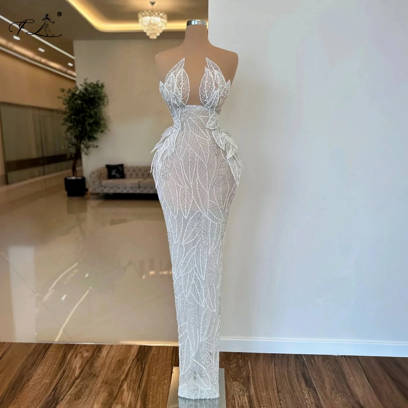

Sexy elegant pearl chiffon evening gown with leaf pattern mermaid dress for party and formal occasions long ball gowns