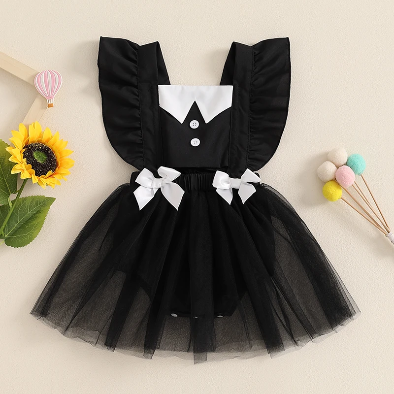 0-24Months Baby Girl Halloween Romper Dress Flutter Sleeves Square Neck Tulle Patchwork Jumpsuit