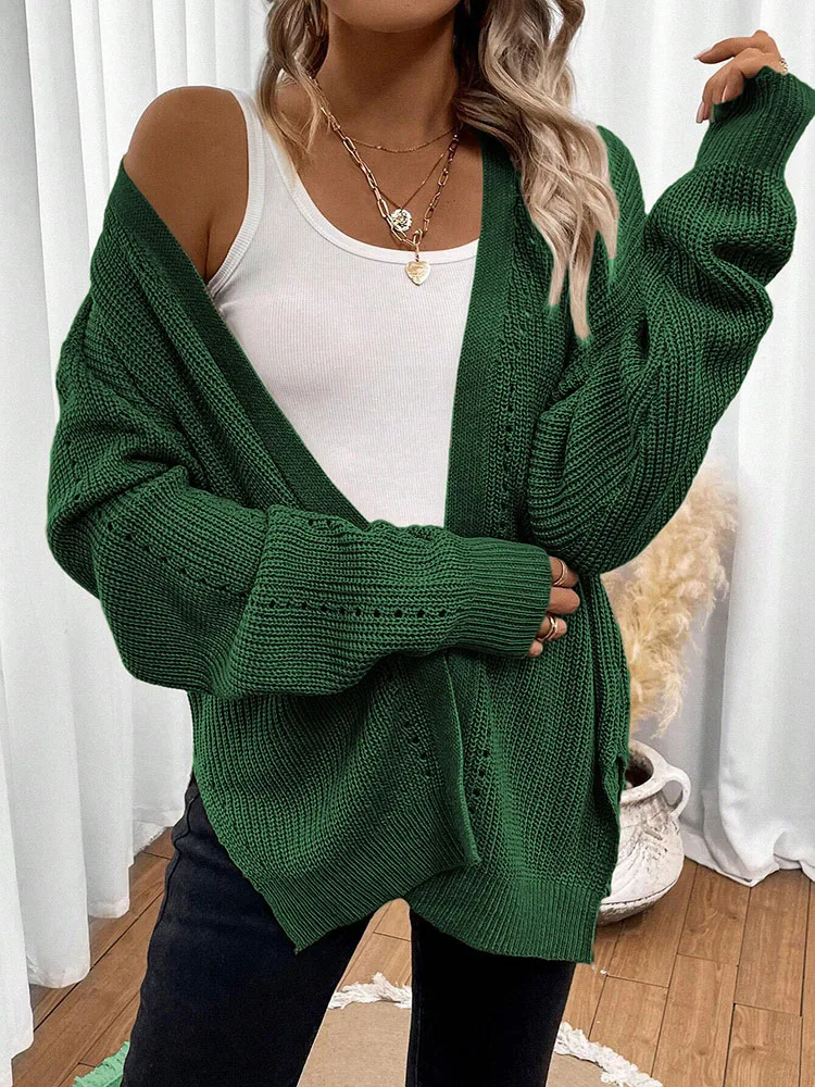 

Women's Solid Color Knitted Cardigan Long Sleeve Mid-Length Open Front Autumn Winter Casual Sweater Fashionable Top