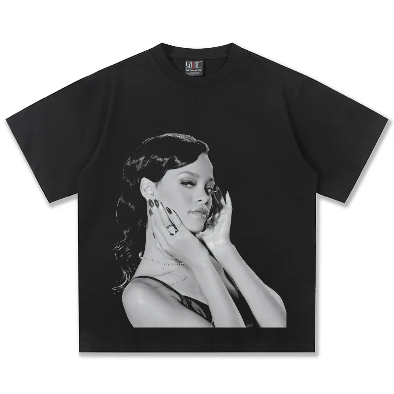 Rihanna Grafik-T-Shirt Unisex Oversize Pop-Sängerin Lässiges Baumwoll-Kurzarm-Shirt Trendige Streetwear Mode-Oberteil