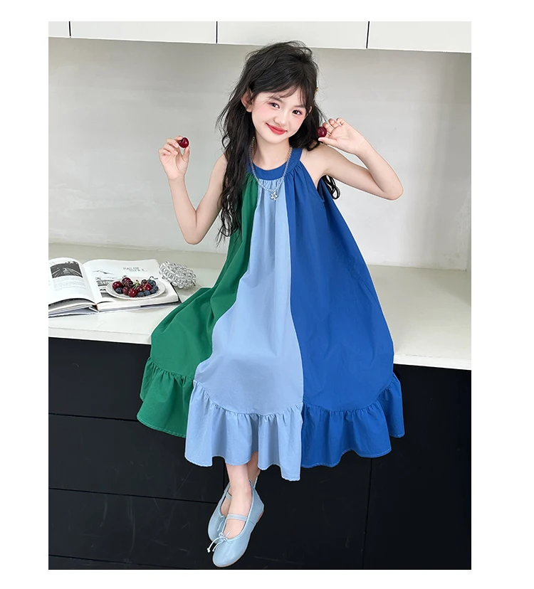 Mädchenkleid mit süßem Farbblock-Design für Sommerkostüme, Baumwolle, hohe Qualität, Kinderkleidung für Alter 7 8 9 10 12 14 Jahre – Detail 8