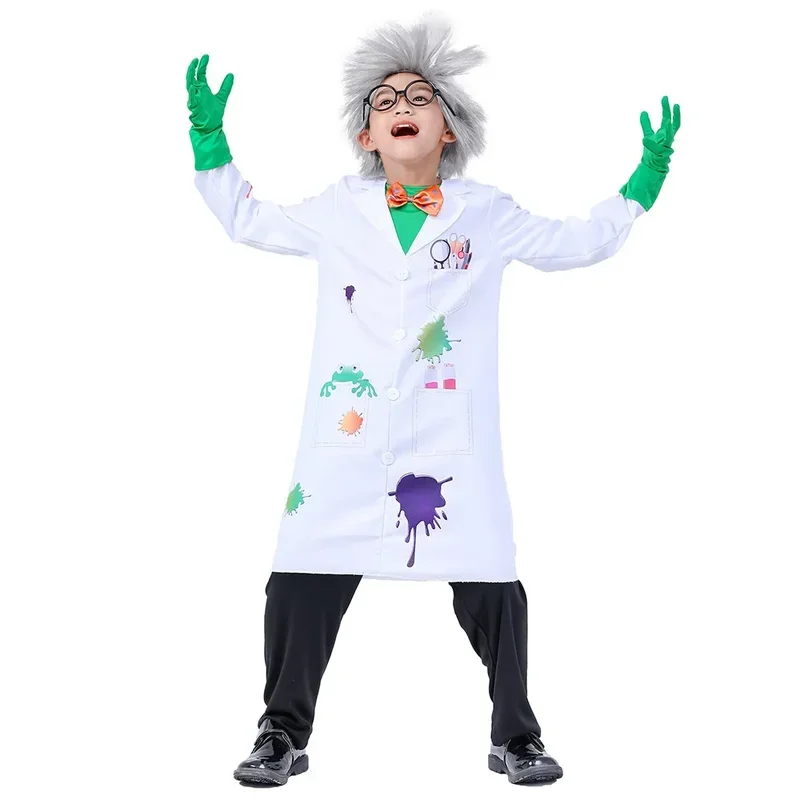 Niños niño Psycho científicos locos disfraces Cosplay peluca pantalones gafas guantes niños juego de rol médico científico profesión ropa