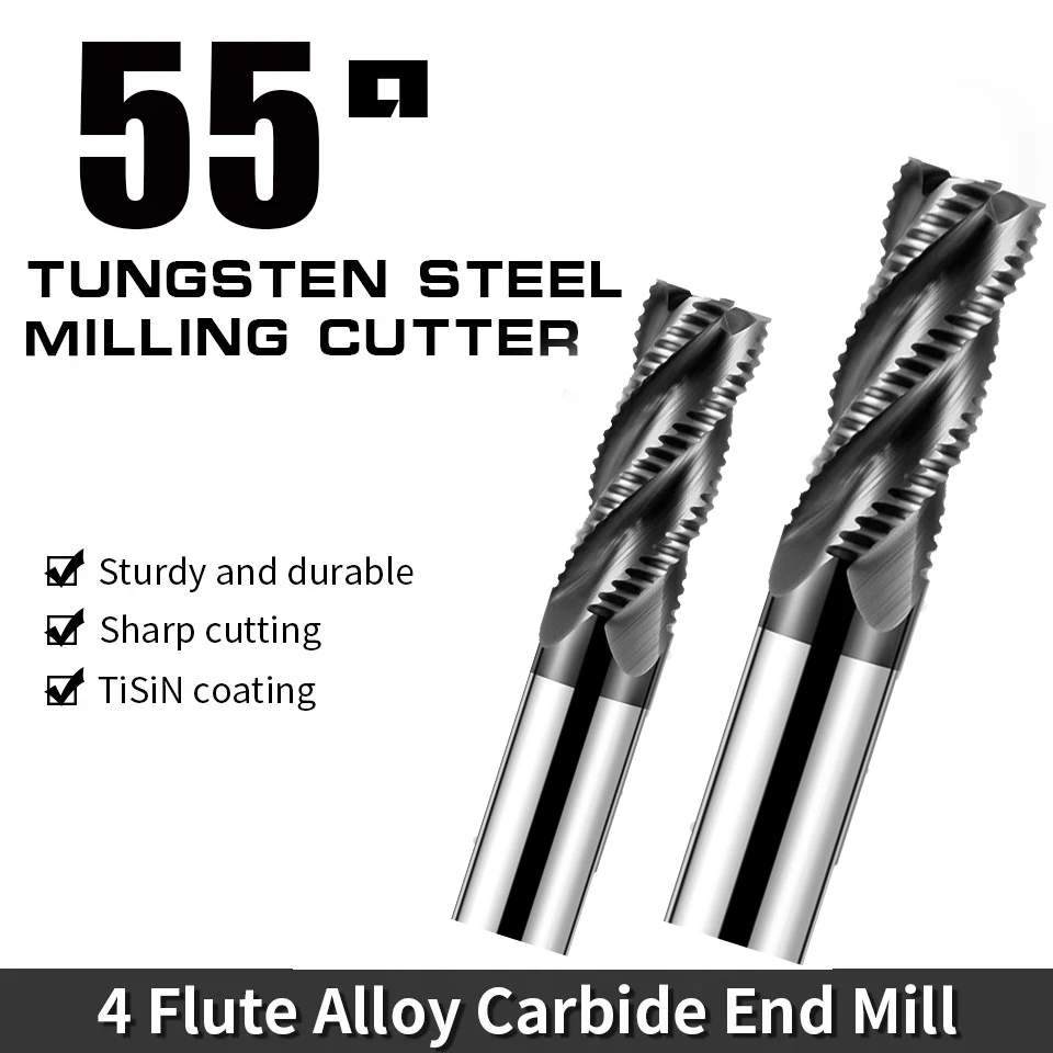 H55 steel rough skin milling cutter with 4 cutting edges, tungsten steel alloy end milling cutter coated with corrugated blade