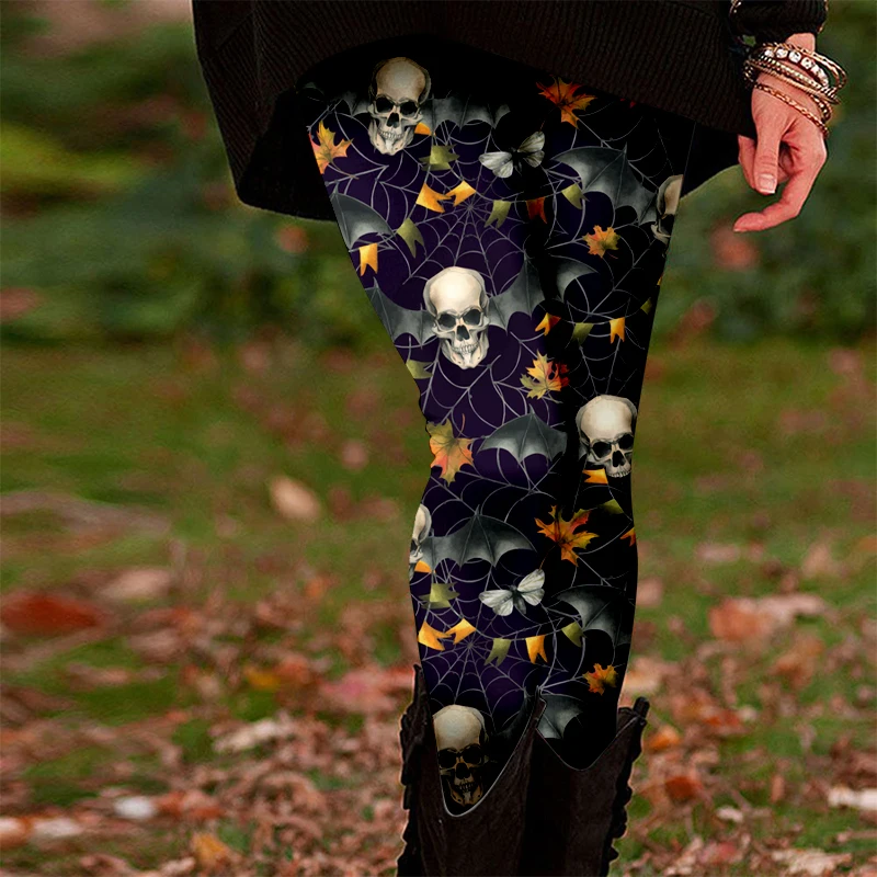 Leggings elastici per ragazze a tema Halloween - neri con disegno di zucca arancione e pipistrello, morbido poliestere, lavabili in lavatrice - perfetti