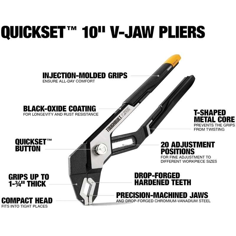 TOUGHBUILT TB-H3-51-V10/TB-H3-51-V12 Jaw SpeedSet Pliers Multi Functional Big Opening Adjustment Water Pump Pliers 10in/12in