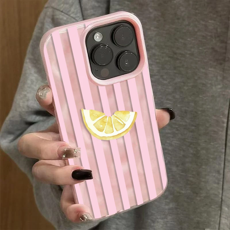 

The Yellow Lemon with Pink Stripes Pattern Phone Case for IPhone 17 16 15 14 13 12 11 Pro Max Plus Air Wrinkled Texture Cover