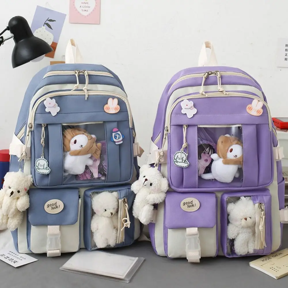 5Pcs/set Kawaii School Backpack Schoolbag Waterproof Lightweight Book Bags Plush Bear Large Capacity School Bags Boys