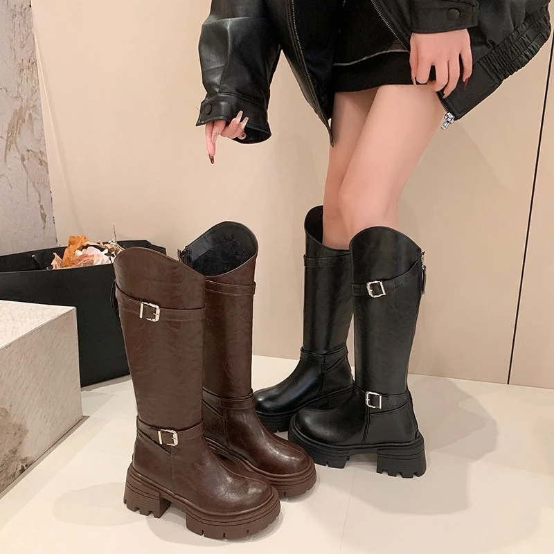 

Platform Metal Buckle Block Heel High Boots Fashion Round Toe Not Tired Feet Women's Leather Shoes