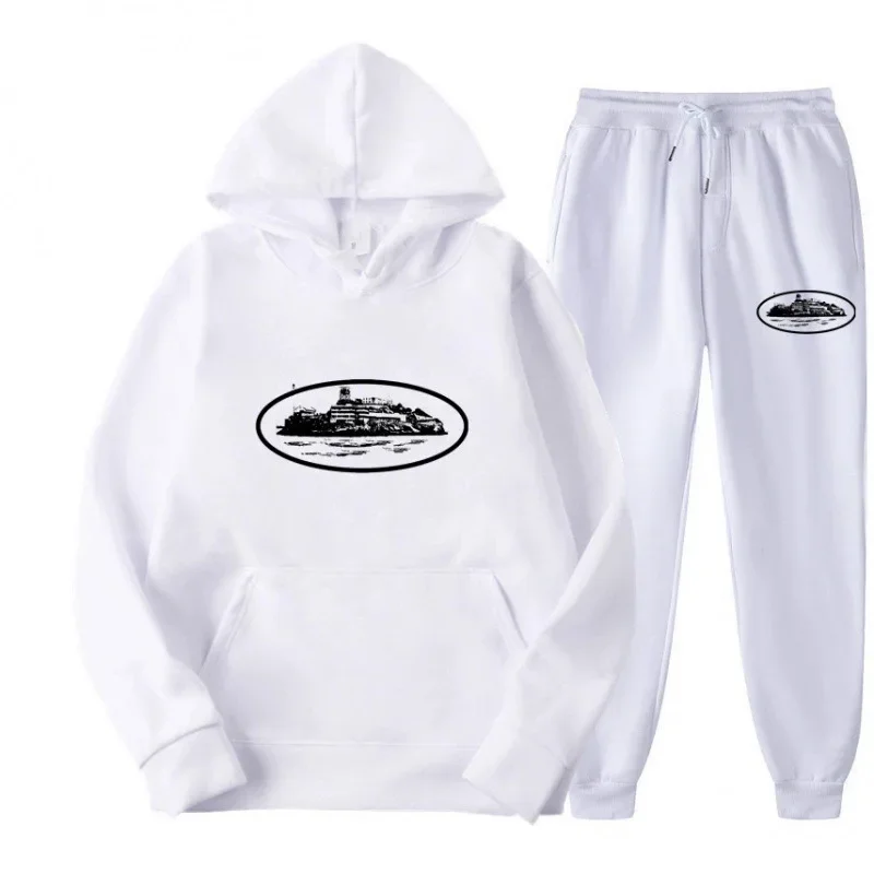 IslandBuildingGraphicPrint Women and men Hooded Sweatshirt Set Casual Pullover Hooded Sportswear Running Pants Street Sportswear