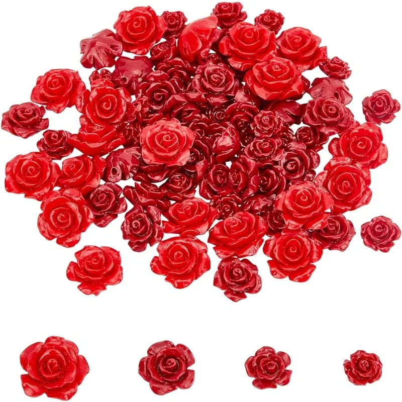 80 Pcs Red Rose Flowers Beads 4 Styles Dyed Synthetic Coral Beads Flower Carving Charms Loose Beads for Valentine's Day