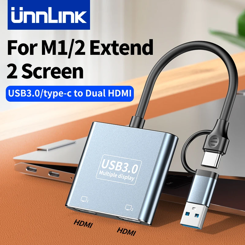 Unnlink Type C USB 3.0 to Dual HDMI Extension Hub Adapter 1080P 60Hz Extend 2 Different Screen for Macbook M1 M2 Converter