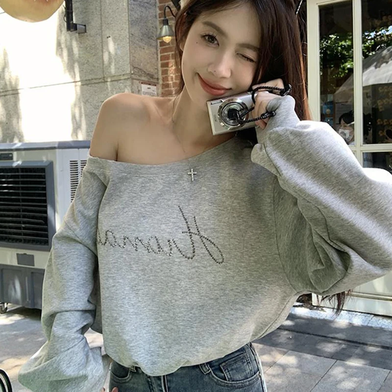 American Hot Girls Rhinestones Off-shoulder Long Sleeve Lazy Chic Short Sweatshirt