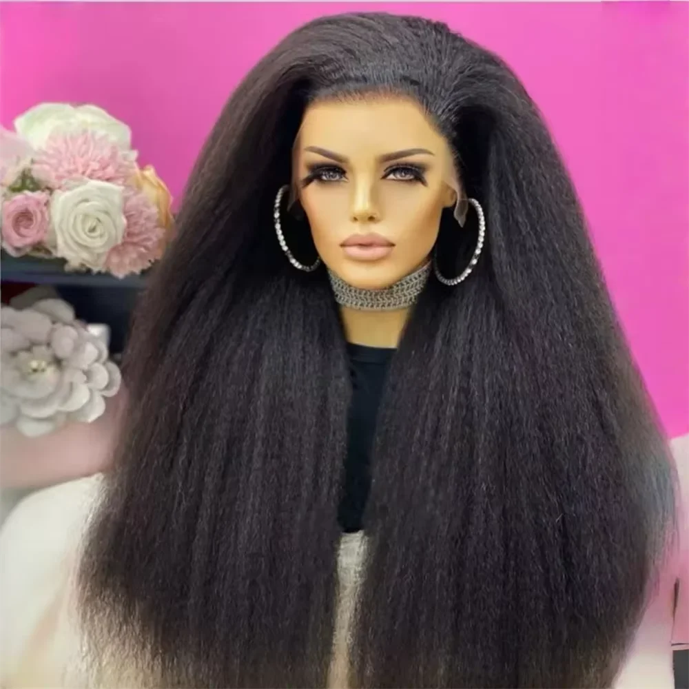 

28 inch Kinky Straight Soft black Yaki Lace Front Wig For Women With Baby Hair Synthetic Preplucked Glueless Daily