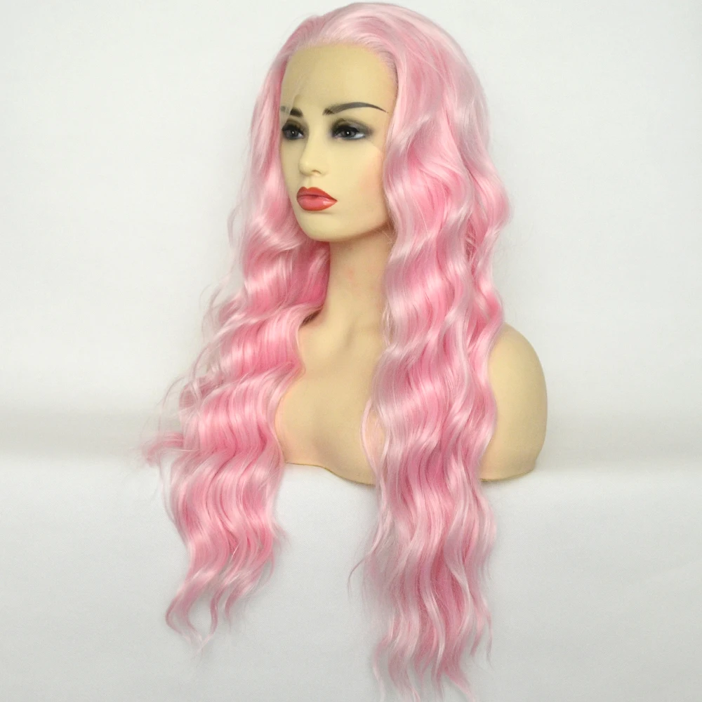 Voguequeen Light Pink Loose Curly Synthetic Lace Front Wig Heat Resistant Fiber Natural Hairline For Women