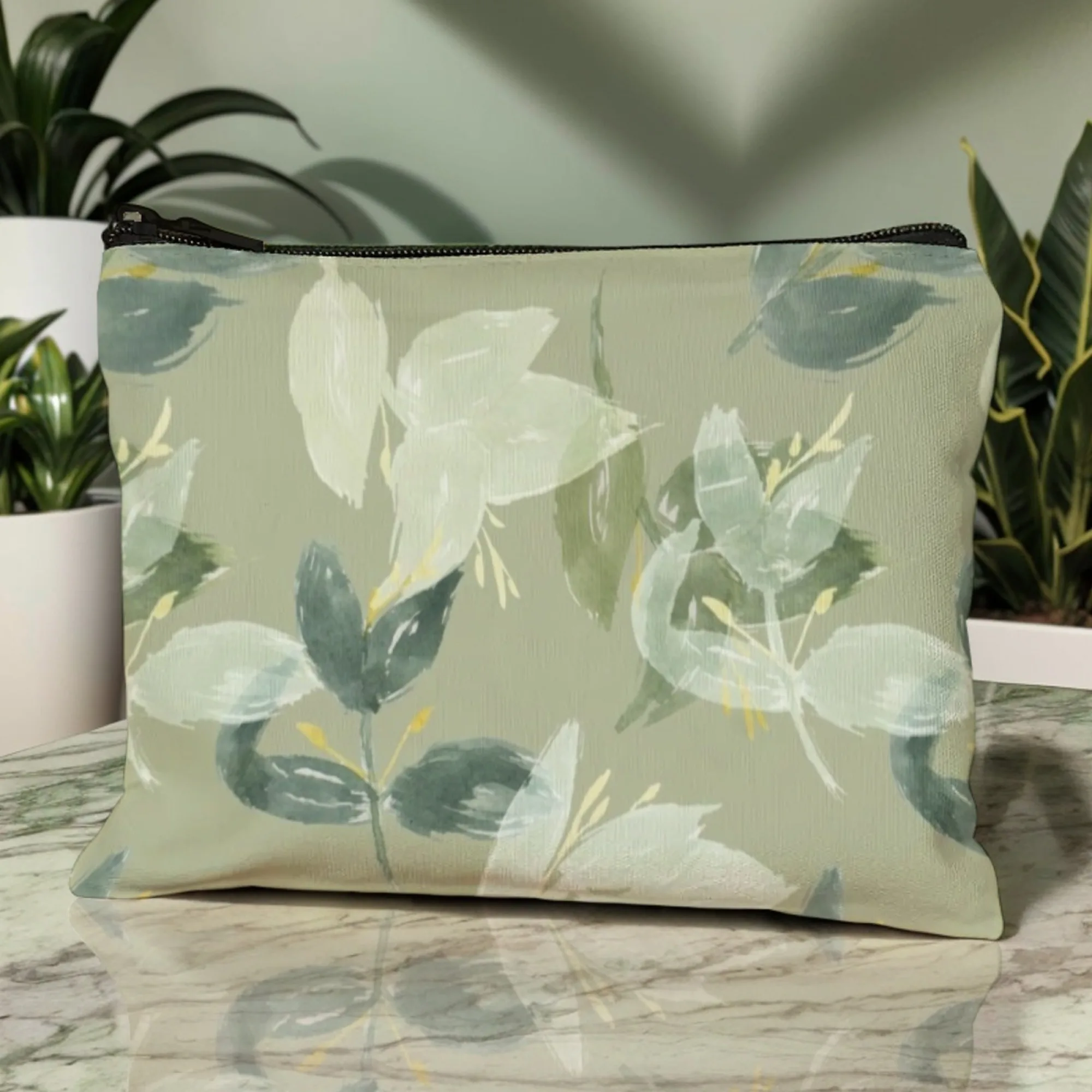 Spring Green Leaf-Printed Cosmetic Bag with Vein Patterns & Sprouting Shoots Nature-Inspired Beauty Organizer for Makeup Tools