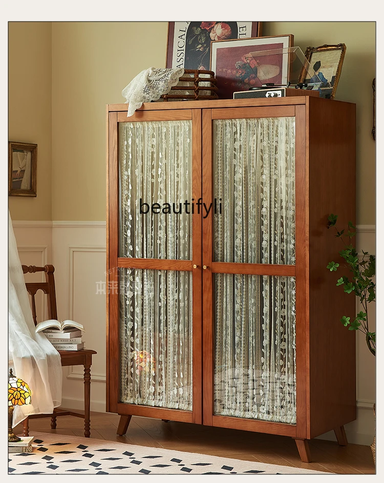 French Retro Solid Wood Wardrobe Mesh Curtains Glass Bedroom and Household Hanger Clothes Storage Wardrobe