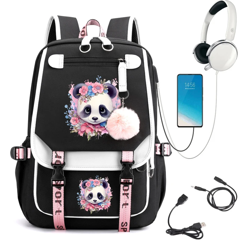 Cute Panda Shool Backpack, Bagpack feminino, Carregamento USB, Mochilas escolares da faculdade, Adolescente Meninas Laptop Bag, Moda