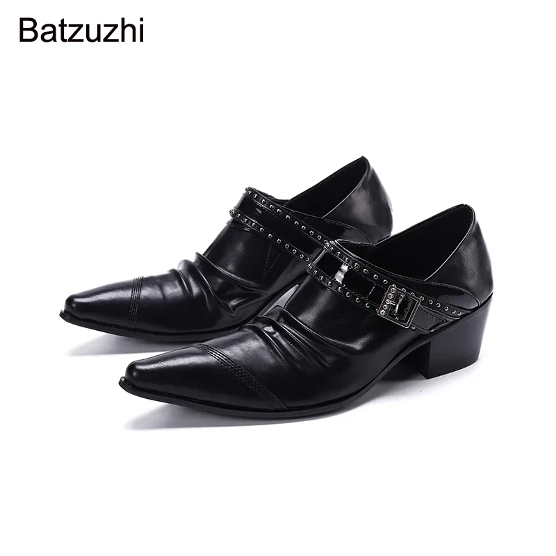 

Batzuzhi New Handmade Shoes Men 6.5CM Heel Formal Black Leather Dress Shoes Men Business Oxfords Slip on Zapatos Hombre, EU38-46