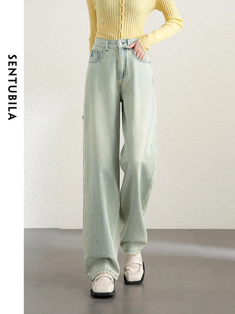 SENTUBILA Summer Comfort Casual Loose Cotton Straight Jeans 2024 Full Length Wide Leg Denim Pant Trousers for Woman W41N53849