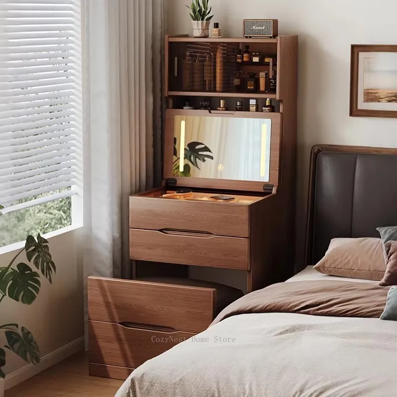 Solid Wood Vanity & Nightstand Combo, Flip-Lid Makeup Table for Small Space, Bedroom Storage Cabinet Unit